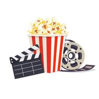 Popcorn, movie tape and clapper on isolated white background. Elements on the theme of the movie theater. illustration. vector