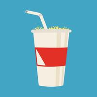 Flat style soda glass with straw in turquoise background. Element for movie theater. White glass with red label. illustration vector