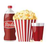 Popcorn, soda bottle and drink glass in flat style isolated on white background. Popcorn and soda icon. image vector