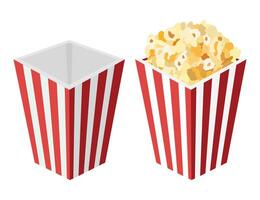 Flat popcorn box empty and full with popcorn. Popcorn is a staple snack for movie watching. Isolated on a white background. image vector
