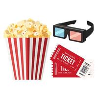 Movie theater icon set with popcorn, ticket and 3d glasses. Time in the movie theater. image. Isolated on white background vector
