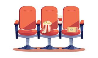 Red chairs, popcorn and soda for watching a movie. Movie ticket. Isolated on white background. Horizontal banner in flat style. illustration vector