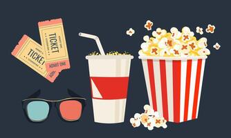 Set of icons for cinema with popcorn, drink, tickets and 3d glasses. Cinema time. image . Isolated on dark background vector