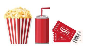 Set of movie theater icons in red color. Movie theater popcorn, drink and movie theater tickets , isolated on white background vector