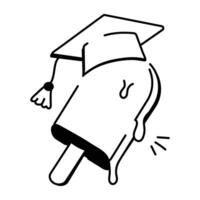 Melting ice cream with graduation cap, a doodle style icon vector