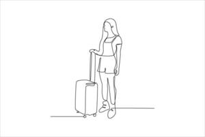 A minimalist line drawing of a person standing with a suitcase, symbolizing travel and adventure. vector