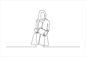 A minimalist line drawing of a woman holding a notebook, embodying simplicity and elegance. vector