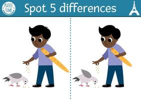 Find differences game for children. Educational activity with cute boy feeding pigeon with baguette. Puzzle for kids with funny French character. Printable worksheet or page with France symbol vector