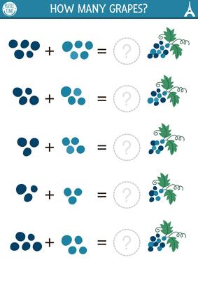 How many grapes game. Math addition activity for preschool children with berry. Simple fruit printable counting worksheet for kids. Funny mathematics page for kids