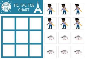 France tic tac toe chart with boy with baguette and pigeon. Board game playing field. Funny French printable worksheet. Noughts and crosses grid with cute characters vector