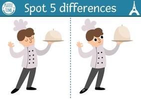 Find differences game for children. Educational activity with cute chef and plate with closh. Puzzle for kids with funny French character. Printable worksheet or page with traditional symbol of France vector