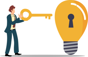 Unlock new business idea with illustration of businessman hold golden key will insert key into bulb or background business png