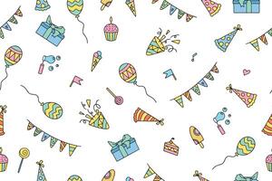 Festive seamless pattern of colorful elements in doodle style Happy Birthday, isolated on white background. vector