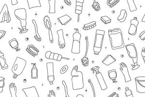 Cleaning equipment seamless pattern. Simple Outline drawn Sponge, brush, mop, spray, rubber gloves. Cleaning service Background. Spring clean elements in Doodle sketch style.. vector