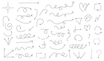 Isolated arrows, hand drawn on a white background. Straight, curved, circular, multidirectional arrows vector