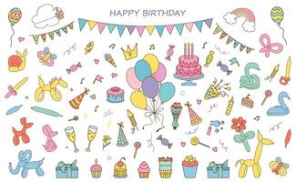 Party and holiday design elements collection. Festive events and shows icon set. Birthday and anniversary objects. With cake, carnival masks, firecrackers, fireworks, gifts, drinks, flags, streamers. vector