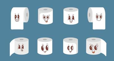 Cute happy toilet paper character. toilet paper emoji set. Funny smiling and blink tissue cartoon emoticon in flat style emoji illustration. vector
