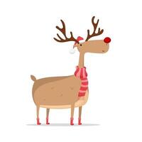 Reindeer in a red hat and scarf isolated on white background. Merry Christmas and Happy New Year vector
