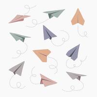 set of hand drawn doodle paper airplane isolated on white background. Colorful symbol of travel and route. vector