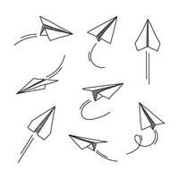 Set of hand drawn doodle paper airplane isolated on white background. Line icon symbol of travel and route. vector