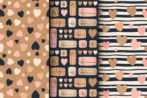 set of seamless pattern with gift boxs and hearts. Colorful presents. Surprise. Background for Valentine's day vector
