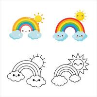 Radiant Rainbow set with Sun and Fluffy Clouds vector