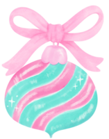 Pink and Mint Coquette Christmas ball with ribbon bow watercolor png