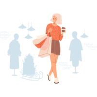 Shopping. Happy buyer woman with coffee and package in store with mannequin png