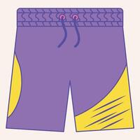 A pair of purple and yellow swim shorts with a drawstring. vector