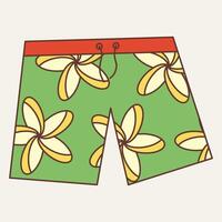 A pair of colorful swim trunks featuring a floral design on a green background. vector
