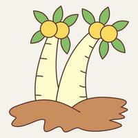 A simple illustration of two palm trees with yellow fruits and green leaves on brown soil. vector