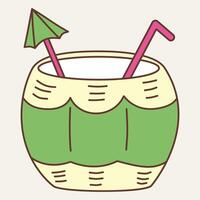 A colorful drink in a coconut with an umbrella and straw, perfect for tropical enjoyment. vector