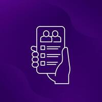guest list app icon with phone in hand, line design vector