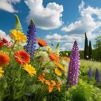 A serene and vibrant landscape depicting Mount Rainier's snow-capped peak rising above a lush meadow filled with a diverse array of wildflowers in full bloom, set within Mount Rainier National Park, W photo
