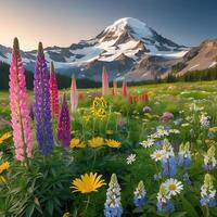 A serene and vibrant landscape depicting Mount Rainier's snow-capped peak rising above a lush meadow filled with a diverse array of wildflowers in full bloom, set within Mount Rainier National Park, W photo