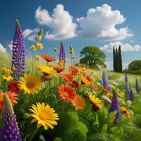 A serene and vibrant landscape depicting Mount Rainier's snow-capped peak rising above a lush meadow filled with a diverse array of wildflowers in full bloom, set within Mount Rainier National Park, W photo