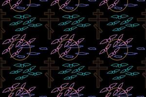 Seamless Halloween pattern featuring neon-style bats, crosses, and clouds against a dark background. Ideal for spooky, eerie designs. vector