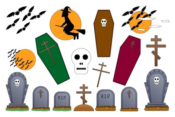 A spooky Halloween-themed set featuring coffins, graves, crosses, bats, a witch silhouette, and skulls. Perfect for Halloween designs and decorations.