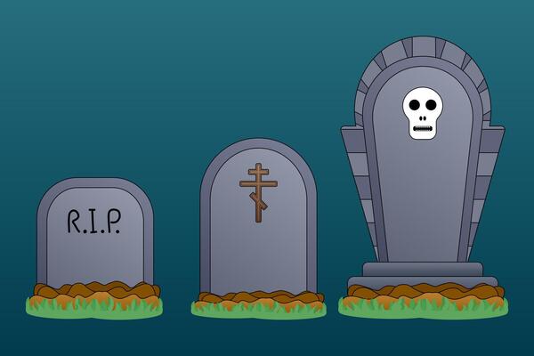Cartoon Halloween gravestones with skull, cross, and RIP symbols. Perfect for Halloween decorations, spooky designs, and seasonal projects.