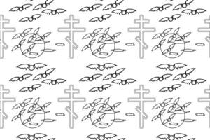 Black and white Halloween-themed pattern with bats, crosses, and a full moon. Perfect for spooky coloring pages or decorations. vector