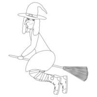 A Halloween-themed coloring page featuring a smiling witch flying on a broomstick. Ideal for kids and adults to color and enjoy. vector