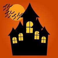 Halloween haunted house silhouette with bats flying across a full moon. Perfect spooky design for Halloween decor and art projects. vector