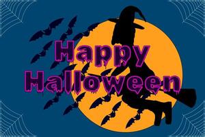 Silhouette of a flying witch with bats and a full moon background, perfect for Halloween designs, decorations, and spooky invitations. vector