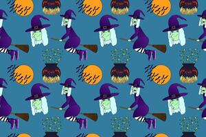 Seamless Halloween pattern featuring witches on brooms, bats, cauldrons, and a spooky full moon. Perfect for festive backgrounds and decorations. vector
