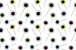 Seamless Halloween pattern with colorful eyeball lollipops on a white background. Perfect for spooky, festive, and creepy designs. vector