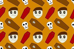 Seamless Halloween pattern with mummies, skulls, and coffins on an orange background. Ideal for holiday designs, wrapping paper, and decor. vector