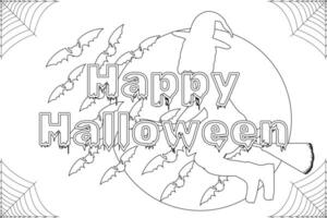Spooky Halloween coloring page featuring a witch flying on a broomstick with bats and a Happy Halloween message. Perfect for festive fun. vector