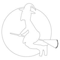 A Halloween-themed coloring page featuring a witch flying on a broomstick in front of a full moon. Great for kids and adults to color and enjoy. vector