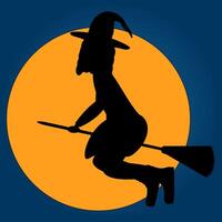 Spooky Halloween illustration featuring a witch flying on a broomstick in front of a full moon. Ideal for decorations and cards. vector