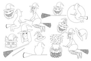 A Halloween-themed coloring page set featuring witches, brooms, pumpkins, and magical elements. Perfect for festive activities and DIY projects. vector